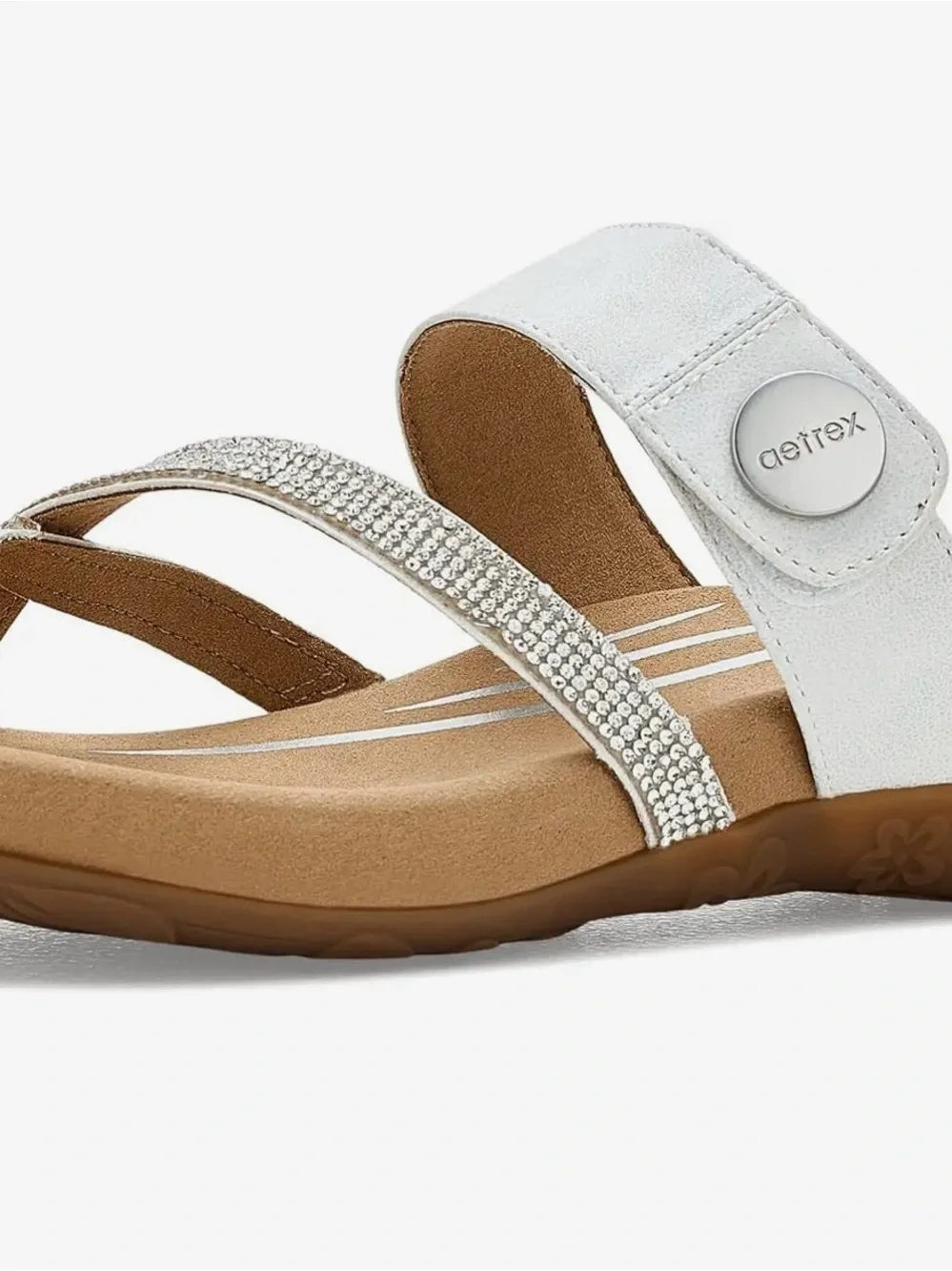 Aetrex Silver Metallic Leather Sandal with Rhinestone Straps